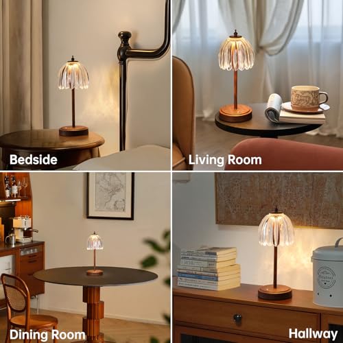 Image of Shenmoyl Tulip Table Lamp with 5200mAh Battery & Touch Control, Small Cordless Table Lamp with 3 Colors, Rechargeable Battery Operated Table Lamps for Bedroom, Desk, Bedside (Transparent-Walnut Color)