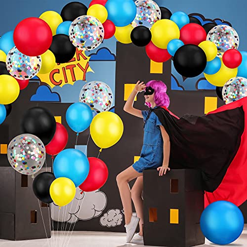 Image of 147 Pieces Hero Theme Balloon Decorations Arch Garland Kit Include Blue Red Yellow Black Balloons with Confetti Balloons and Roll Tape for Kids Birthday Party Supplies