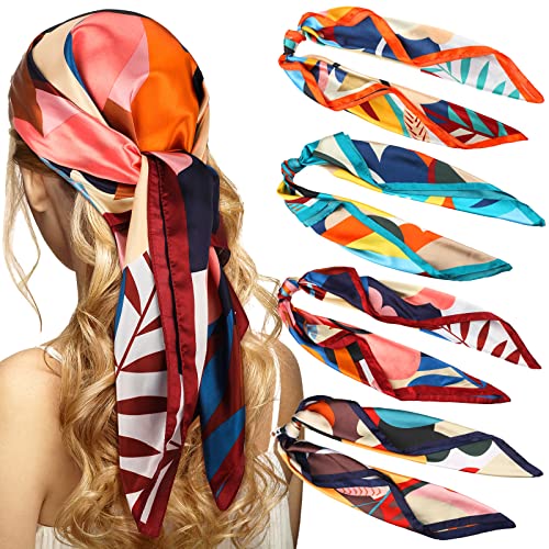 Newcotte 4 Pcs 35'' Large Square Satin Hair Scarf Silk Like Head Scarf Floral Satin Head Wrap Flower Hair Bandana Neck