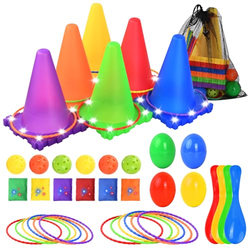 Mapille 35 Stück Light Up Wurfspiele Outdoor Spiele, Ringwurfspiel Kinder, Ball & Ring & Bean Bag Toss Spiel Set, Kinderparty Wurfspiele, Eier Löffel Eierlaufen, Spiele für Draussen Kinder ab 3