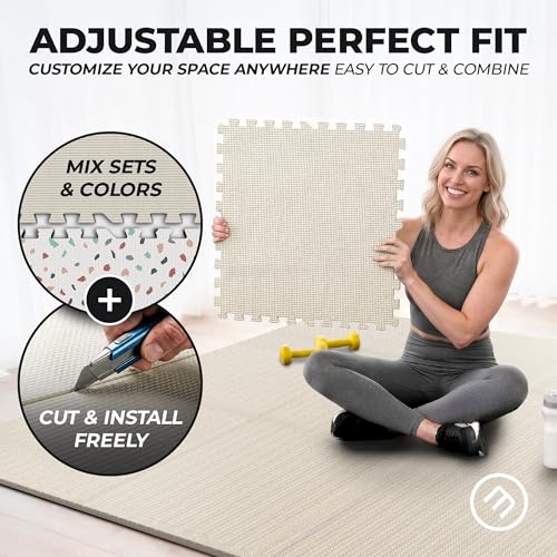 Image of bemaxx Gym Mats Set - 48 pcs EVA Interlocking Foam Floor Tiles (24.4 inchx24.4 inchx0.4 inch) 192 sqft Protective Gym Flooring Sports Home Workout Exercise Mats Puzzle Garage Fitness Play-Room Pool Treadmill Bike