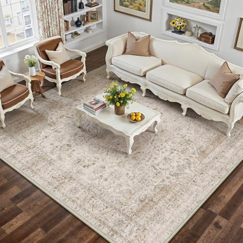 6x9 Washable Beige Vintage Area Rug for Living Room Bedroom Large Traditional Low Pile Soft Carpet Non-Slip Thin Retro Distressed Accent Throw Rug for Dining Room Office Kitchen Indoor