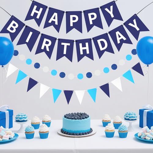 Image of Blue Happy Birthday Banner Hanging Sign Circle Dot Triangle Bunting