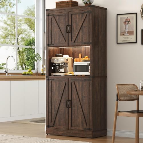 Image of 72 inch Tall Farmhouse Kitchen Pantry Cabinet with LED Light and Power Outlet,Modern Farmhouse Kitchen Storage Cabinet w Load-Bearing Steel Pipe,Barn Doors, Organizer,Food Pantry Cabinets(Rustic Brown)