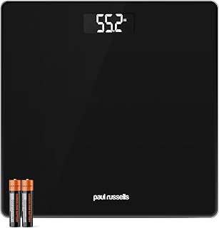 Paul Russells Báscula digital de baño para peso corporal, báscula de vidrio, sensores de alta precisión, máquina de peso precisa, baterías incluidas, 150 kg, color negro