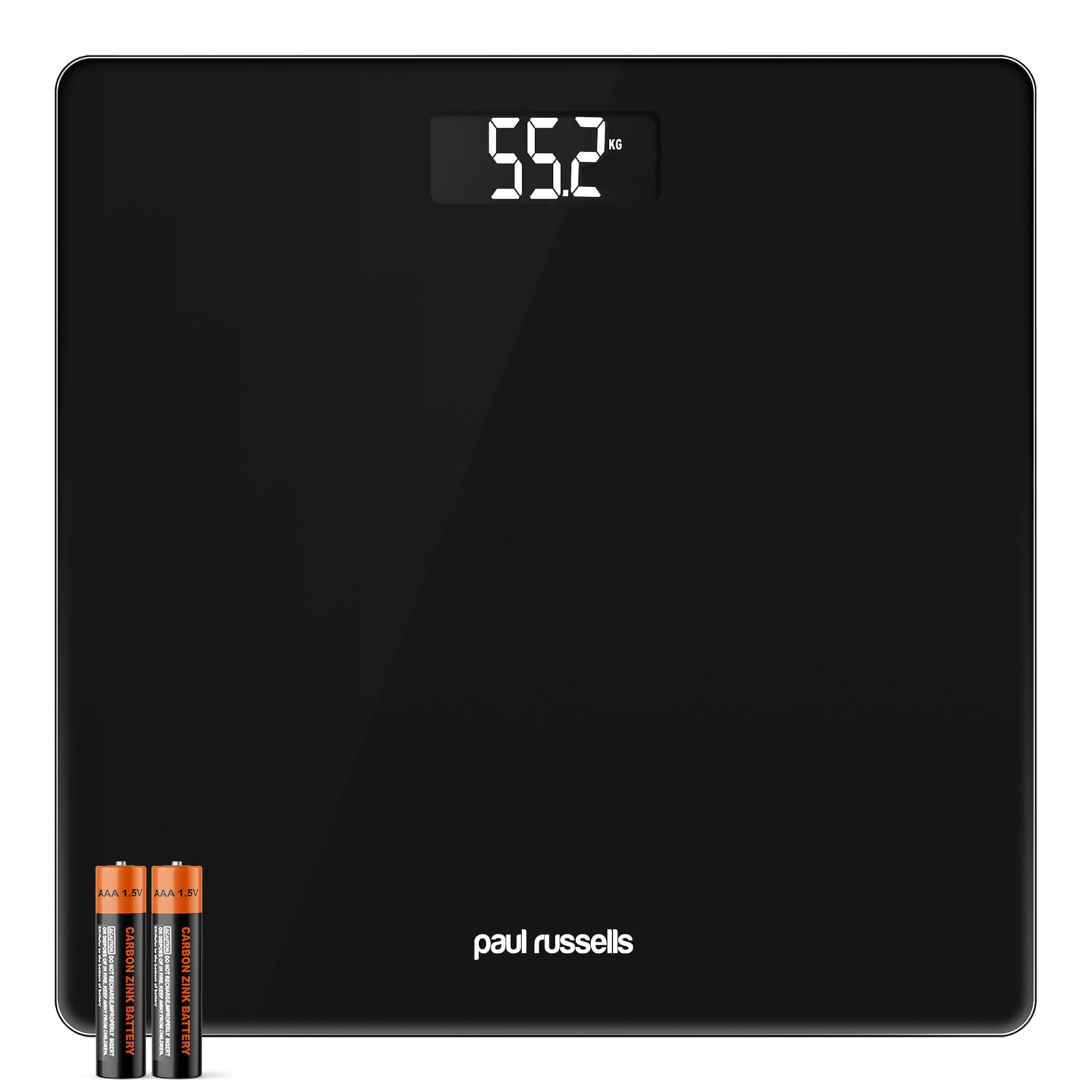 paul russells Digital Bathroom Scales for Body Weight, Glass Weighing Scale, High Precision Sensors Accurate Weight Machine, Batteries Included, 150kg/24st/330lb, Black