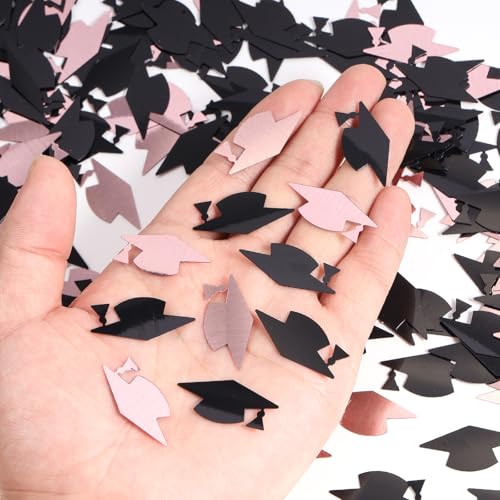 Image of Rose Gold and Black Graduation Cap Confetti 2026, Class of 2026 Table Centerpiece Grad Confetti for 2026 Graduation Party Decorations Supplies