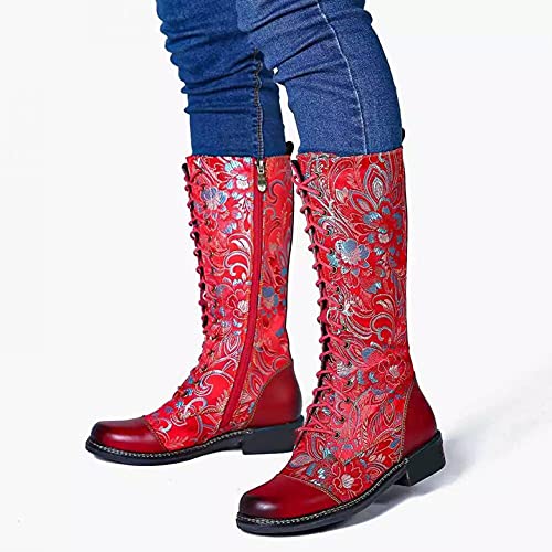 Hbeylia Knee High Combat Boots For Women Vintage Ethnic Flower Design Leather Lace Up Round Toe Chunky Low Heels Mid Calf Riding Boots Boho Winter Fall Dress Knee Length Tall Boots Party Decor2