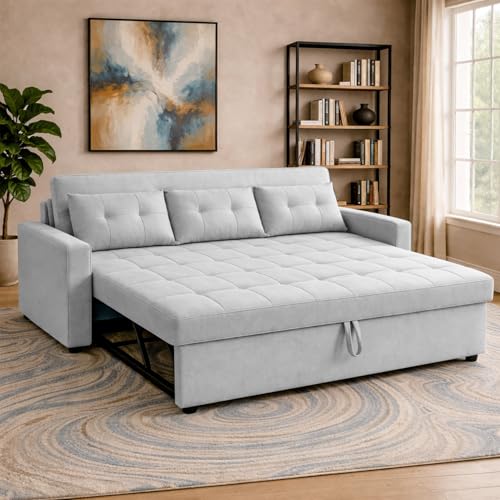 Image of Emilio 3 Seater with Ottomon Pull-Out Sofa Cum Bed (Grey Color) Premium Fabric Sofa Set for Living Room | Bedroom