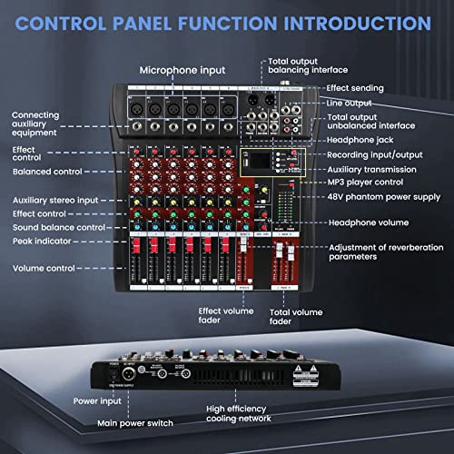 6-Channel Mixer Audio,Console With Bluetooth Usb,Audio Mixer With Effects, Dj Mixer,Dj Equipment For Computer Recording Input, 48V Power,Rca Input/Output For Professional And Beginners #TOP5