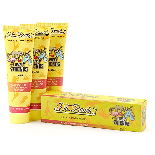Dr. Bauer's Lovely Friends Lot de 3 dentifrices avec motifs pailletés pour enfants et adultes, emballage durable, 90 ml par tube JUNGLE (3 x 90 ml)