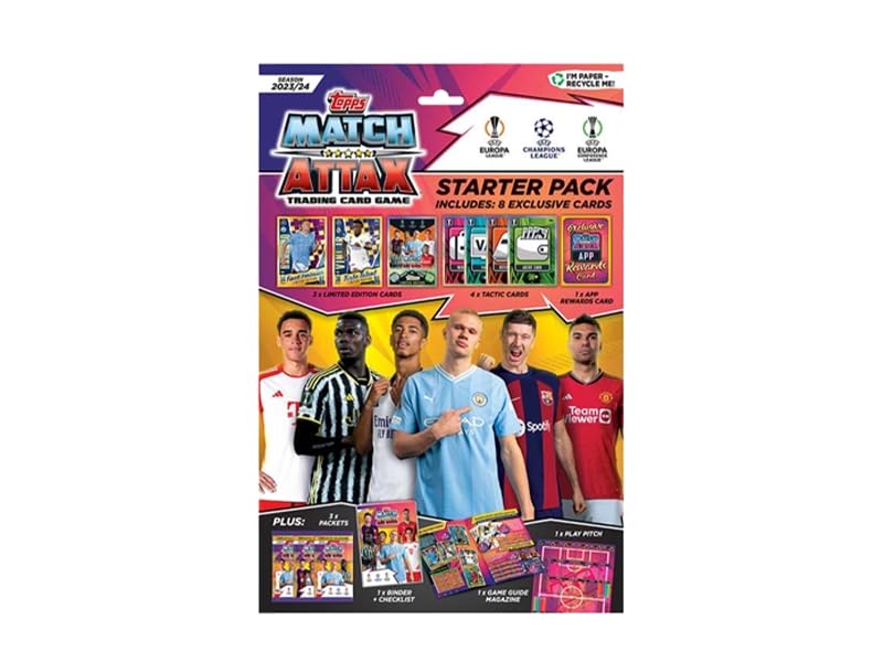 Topps Match Attax Champions League 23/24-1 paquete de iniciación de 44 cartas Match Attax con 3 cartas limitadas