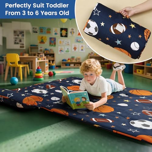 Image of PHF Soft Toddler Nap Mat with Removable Pillow, Rollup Design Kids Sleeping Mat, Slumber Bags for Boys, 55 inchx23 inch Toddler Sleeping Bag for Daycare Preschool Travel Camping, Ball