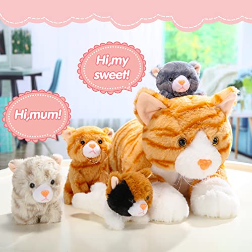 Skylety 5 Stück Plüsch Katzen Set Enthält Groß Katze Stofftier Weich Kuscheltier mit 4 Flauschig Plüschtier Kätzchen im Bauch Mama Katze zum Kuschel Schlaf Geburtstag Geschenk (Orange)