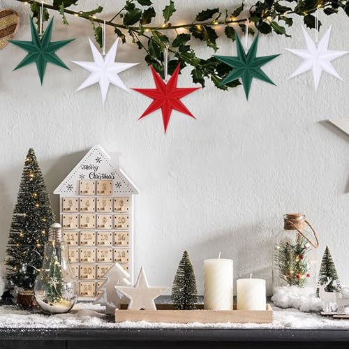 Image of 12 Inches 5 PCS Red Green White Paper Star Lanterns Hanging Stars Christmas Party Decorations Hanging Lampshade Christmas Wedding Birthday Christmas Home Party Decorations(7 Pointed)