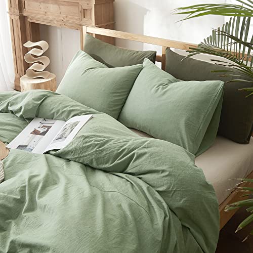 Mixinni Duvet Cover Set Twin Size Light Green Soft Washed Cotton Solid Color Bedding Set With Zipper Closure Ties For Kids Boys And Girls-Twin Size #TOP3