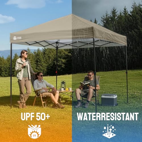 Image of CROWN SHADES 8x8 Pop Up Canopy - Patented Center Lock One Push Instant Outdoor Canopy Beach Tent with STO-N-Go Bag 8 Stakes & 4 Sand Bags,Beige