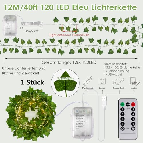 Guirlande lumineuse LED à piles 12m lierre et fleurs avec télécommande - 5