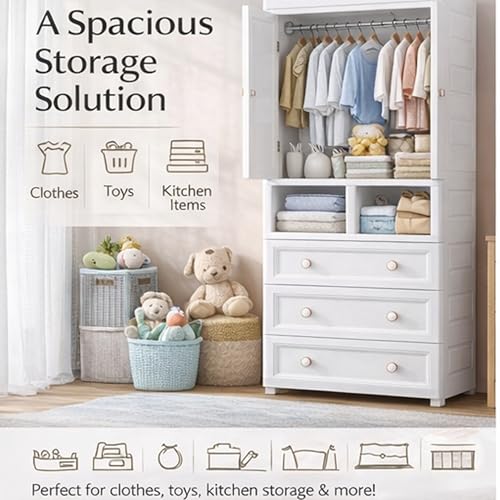 Image of AYSIS Kids Plastic Collapsible Wardrobe Organizer for Storage with Drawers | Cute Cartoon Design | Heavy Duty Cloth Organizer for Storage | Easy to Assemble | Perfect for Kids Room & Home | European