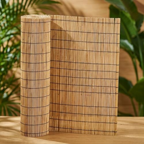 Cañizo Natural para Ocultación de Jardín, Terraza y Balcón, Valla Exterior de Caña Carbonizada, Resistente con Hilo de Nylon, Cubre Vallas y Cerramiento de Privacidad(Natural,0.61 m H x 4.88 m L)