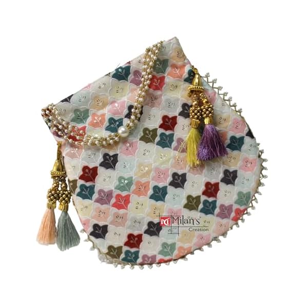 MILAN'S CREATION Fancy Potli Bag Golden Embroidery Designer Purse Drawstring Women's handbag with Pearl Handle & Tassel Weddings - Image 6