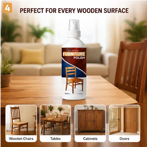 Image of All-in-One Wood Furniture Polish Spray (100ml) with Applicator Sponge | Scratch Remover, Cleaner, Shiner & Protector for Wooden Surfaces | Restores Natural Gloss Finish (Pack of 2)