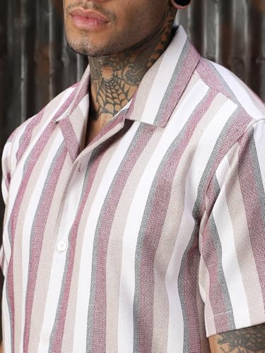 Image of High Star Men Strip Cotton Relaxed Fit Collar Short Sleeve Shirts 36