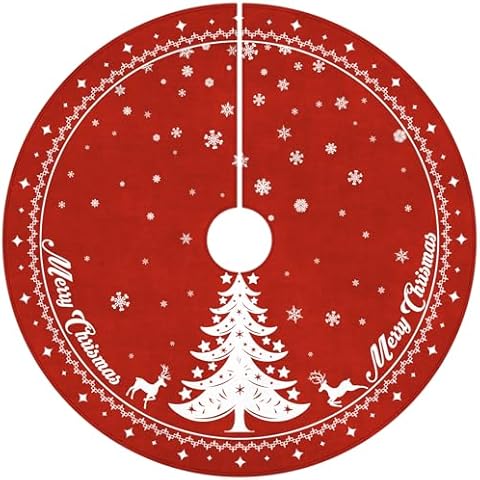HOHOTIME Christmas Tree Skirt, Red 48 inch Tree Skirt Reindeer Christmas Tree Snowflake Letters Xmas Tree Skirt, Christmas Decorations for Winter New Year Party Decor Indoor Outdoor Cover