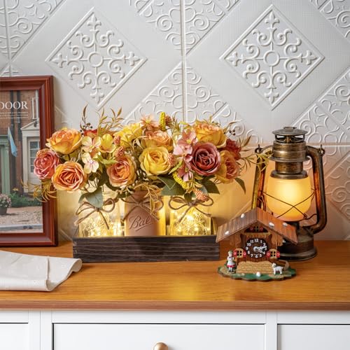 SUNNY BROOK 3PCS Artificial Fall Flowers in Mason Jars with Rustic Wood Tray – Amber Orange & Yellow Fake Floral Centerpiece, Faux Flower for Farmhouse Autumn Decor Kitchen, Coffee Table, Tiered Tray - Cosy Home Interiors SUNNY BROOK 3PCS Artificial Fall Flowers in Mason Jars with Rustic Wood Tray – Amber Orange & Yellow Fake Floral Centerpiece, Faux Flower for Farmhouse Autumn Decor Kitchen, Coffee Table, Tiered Tray - Image 2