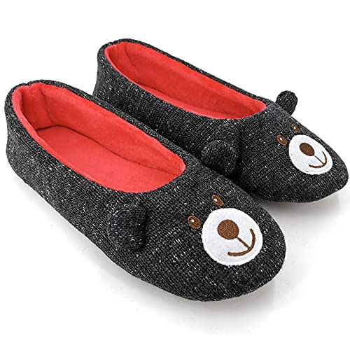 ofoot Womens Cute Knit Ballerina/Ballet House Slippers Flats Fuzzy Slip On Shoes Fluffy Lining Non Skid Rubber Soles Frog Bear Owl Rat Raccoon Styles