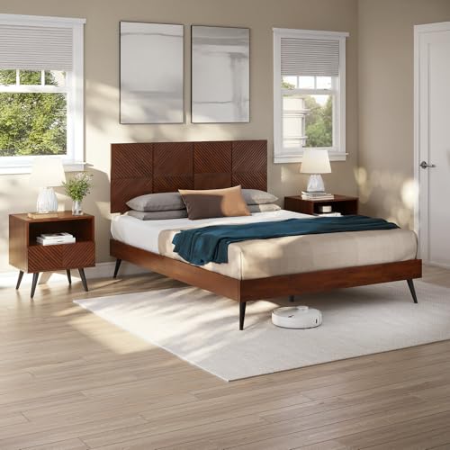 Image of Bme Rhombus Queen Bed Frame - Solid Rubber Wood with Geometric Rhombus Headboard, Walnut Finish, Scandinavian Modern Platform Bed with Sturdy Slats & Metal Legs, No Box Spring Needed