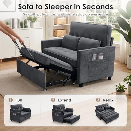 Image of Dreamzie 55'' 3 in 1 Convertible Sofa Bed with USB Charging Ports, Pull Out Couch with Adjustable Backrest and Side Pockets, Sleeper Sofa for Living Room, Apartment, RV, Easy Assembly - Dark Grey