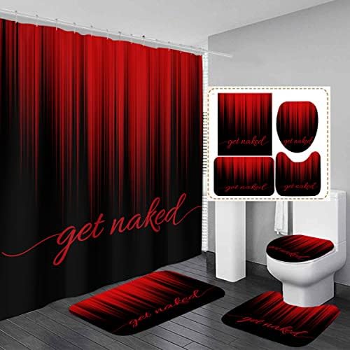 AAtter 4 Piece Red and Black Shower Curtain Set Get Naked Burgundy Ombre Simple 60Wx72L Curtains Decor with Non-Slip Rugs, Toilet Lid Cover and Bath Mat Bathroom Accessorie Home Bathtub Set, Gradient