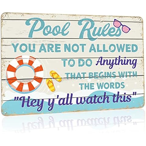 Rousen Pool Decor Sign, Pool Decorations Outdoor, Perfect for Beach, Home, Bar, Pool Deck, and Backyard Walls, Metal Sign Dimensions are 12x8 Inch, 4 Holes for Easy Hanging - Pool Rules Cover
