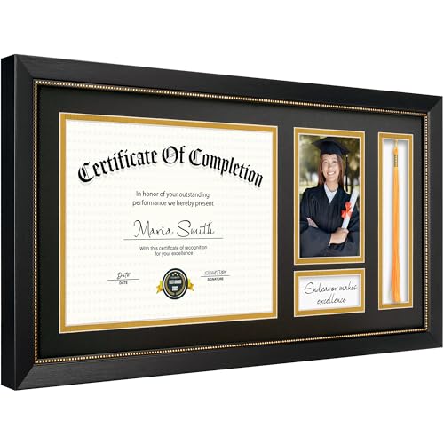 GiftMust 11x22 Diploma Frame with Tassel Holder, Graduate Frame for 8.5x11 Certificate Document and 4x6 Photo, Linen Texture Black over Gold Double Mats, HD Real Glass, Black with Gold Beads Frame