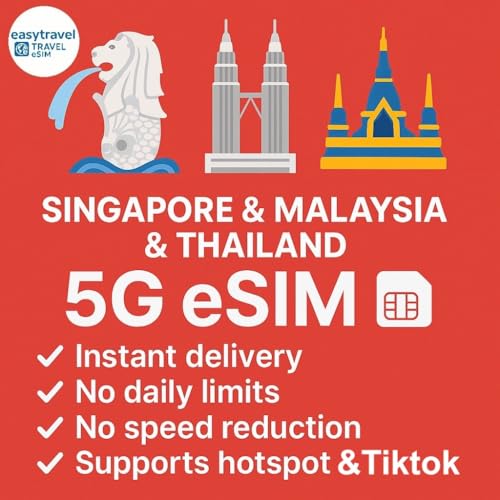Singapur Malaysia Thailand eSIM | 5G High-Speed-Daten | Unterstützt Hotspot | 3 GB bis 50 GB | E-Mail-Zustellung (20 GB für 30 Tage)