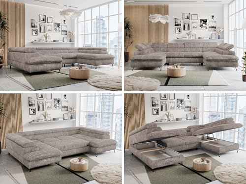 MKS MEBLE Sofa U-Form, Wohnlandschaft U-Form, Sofa mit Schlaffunktion und Bettkasten, Schlafsofa mit Bettkasten, Couch mit Verstellbare Kopfstützen - Peter U - Hellbraun Cord (ohne Topper)