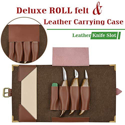 WAYCOM Wood Carving Whittling Knives Set with Deluxe Felt Leather Case, Premium Chip Carving Knives Set,Detail Wood Knife Whittling Kit Cut Resistant Gloves Gift Box(Brown- chip Carving Knives)