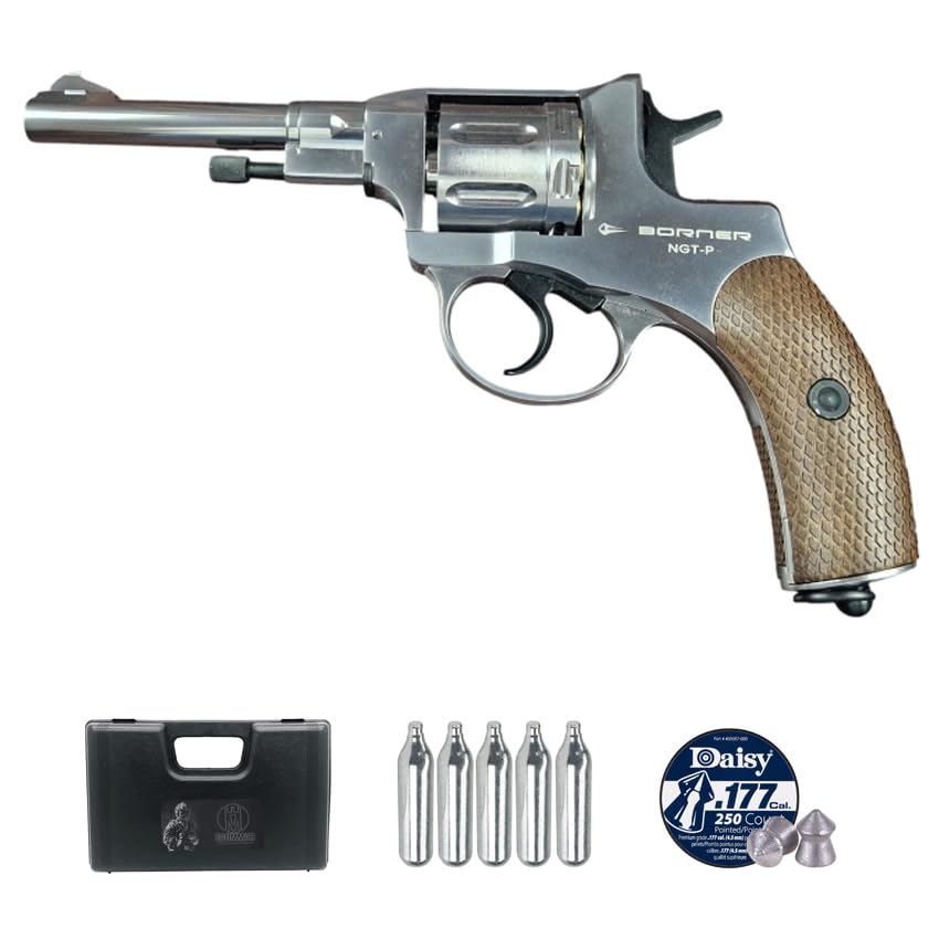 Revólver Borner NGT Silver balines (4,5mm) | Pack Pistola de balines (Caja de balines + maletín + 5 Cargas). Arma de Aire comprimido Calibre 4,5mm