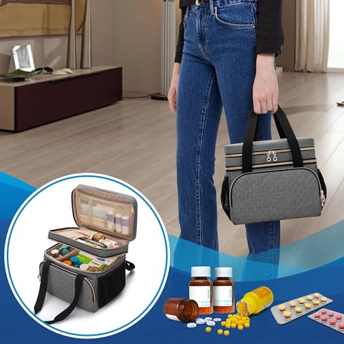 Image of LUXJA Double Layer Medicine Bag with Detachable Divider, Pill Bottle Organizer with Handle Straps (Suitable for Travel or Home), Gray