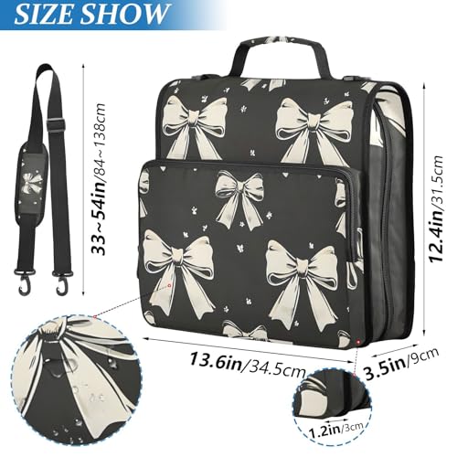 Image of 3 Ring Zipper Binder with Shoulder Strap Black White Bow 1.5 inch Binders Keeper Large Capacity Multi Pockets for School Office Supplies