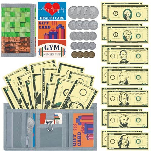 DEEKI Kids 37PCS Pretend Money with Wallet, Develop Wallet Toys for Boys and Girls Early Math Learning, Safe Purse with Fake Bills Coins and Gift Cards for Kids 3 4 5 6 7 8 9 Years Old -Block Green