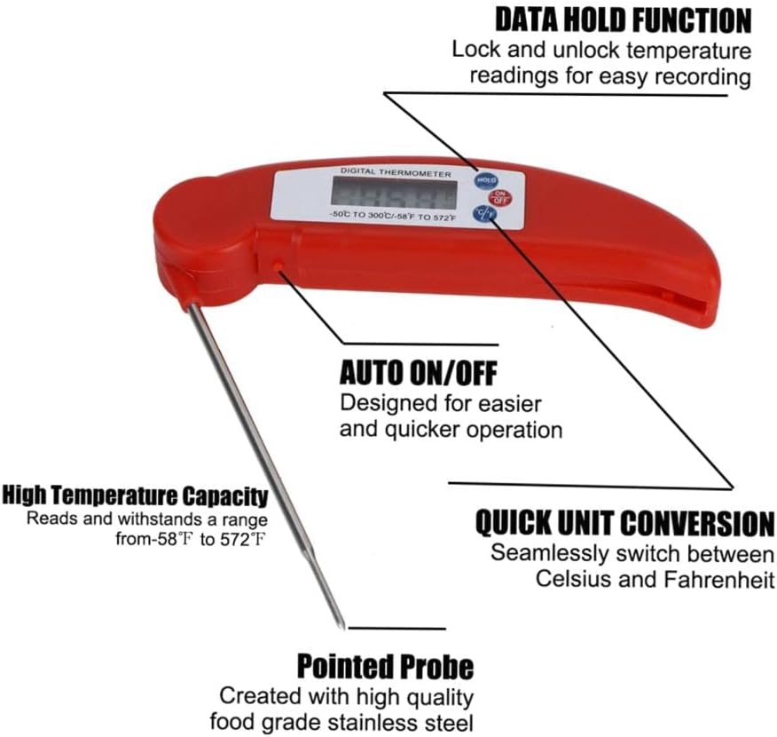 Review Digital Meat Thermometer, Red Foldable Instant Read Food