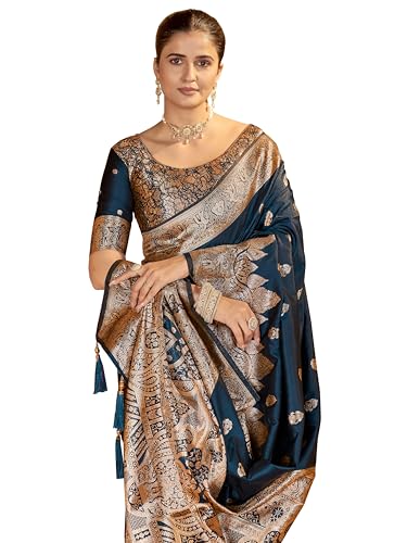 Image of Mehrang Women's Banarasi Silk Kanjivaram Saree For Wedding With Pure Zari Work, Woven Design, With Unstitched Blouse Piece