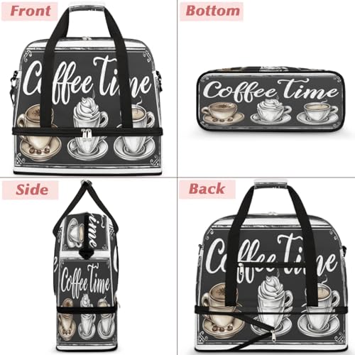 Travel Duffel Bags Coffee Time Foldable Weekender Bags for Women with Shoes Compartment Waterproof & Tear Resistant Carry on Overnight Luggage Duffel Bag Shoulder Sports Tote Bag,B-10113