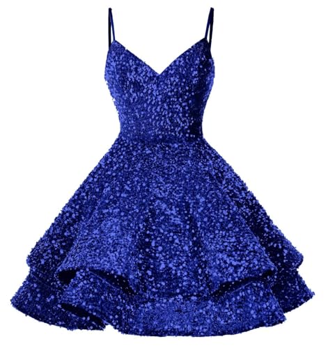Sequin Short Homecoming Dress for Teens Sparkly Prom Dresses Spaghetti Strap V Neck Tiered Cocktail Party Gowns