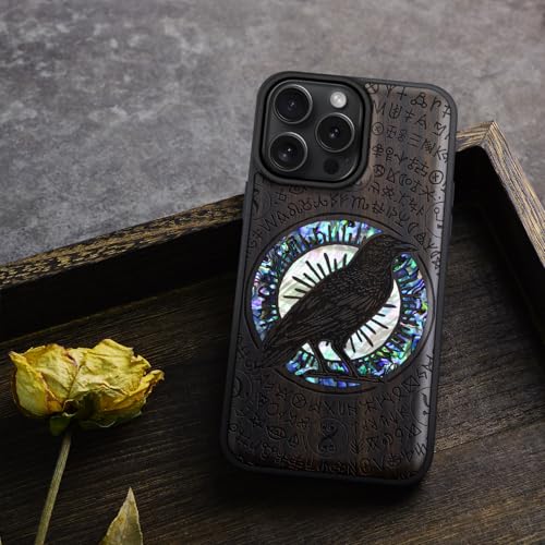 Carveit Magnetic Case for iPhone 16 Pro Max Case, Wood Artisan Engraved & Handmade Shell Inlaid, TPU Shockproof Cover, Compatible with MagSafe Wireless Chargers (Haloed Crow) Blackwood by Carveit - Image 8