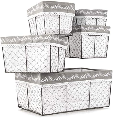Logan Residential Farmhouse Wire Storage Baskets (Set of 5) - Rustic Pantry Decor, Country Kitchen Storage Containers, Entryway Organizer, Rustic Bathroom Decor, Organizing Metal Baskets