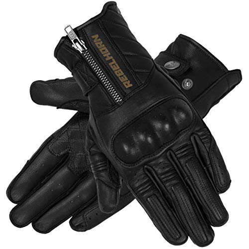 Rebelhorn Hunter Guantes de Cuero para Motocicleta para Hombres Cubierta Dura de la muñeca Perforación de Las áreas de los Dedos Diseño anatómico Almohadillas amigables con la Pantalla táctil Cover