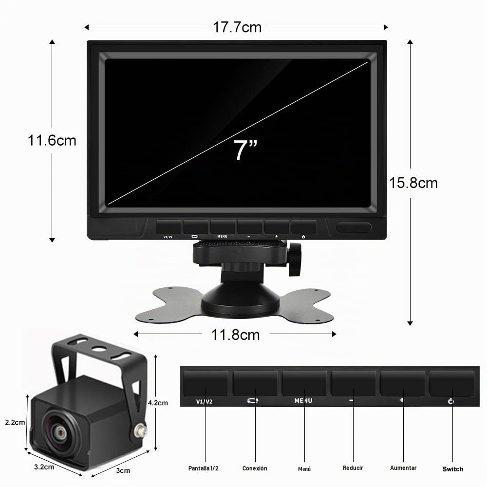 CAMECHO Kit de Cámara de Marcha Atrás y Video Monitor, Grabadora de Vídeo de7 Pulgadas 2 Split Monitor de Visión con Visión Nocturna Impermeable Cámara de Visión Trasera para Coches/RV/Autobús/Camión
